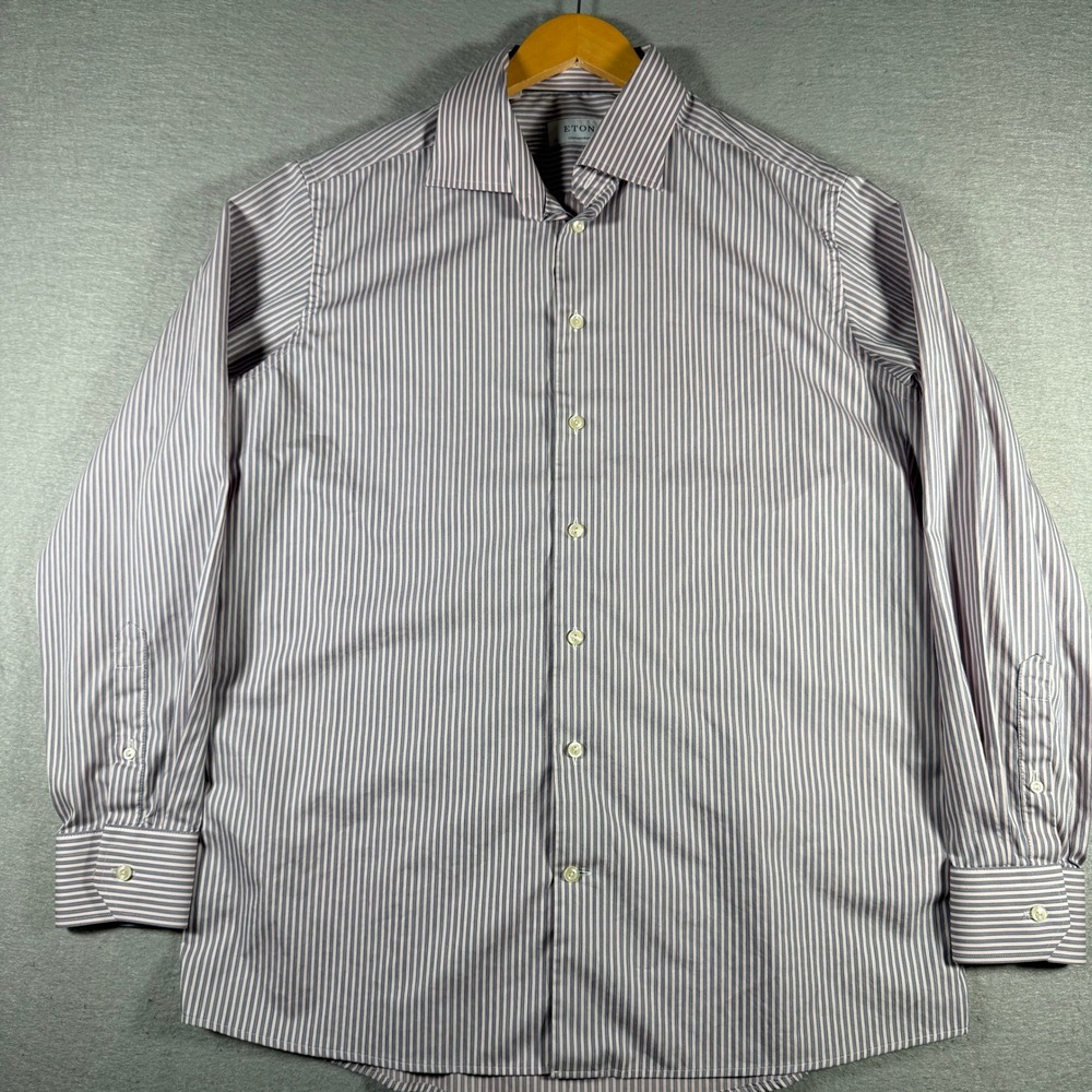 Eton Contemporary Fit Purple Striped Dress Shirt Mens 17.5 44 Long Sleeve Cotton